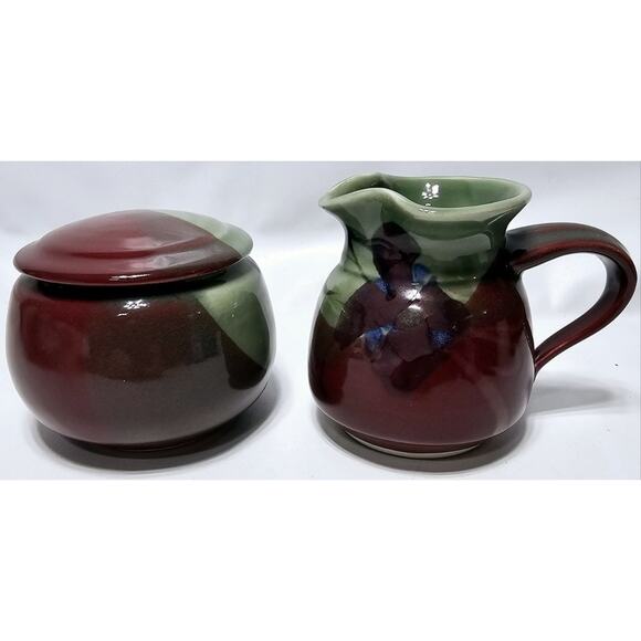 KENT FOLLETTE Pottery Cream And Sugar Set Cranberry/Green EUC Signed - Picture 1 of 13
